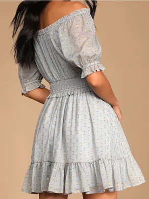 Lulus Women’s Touch of Glam Dusty Blue Dotted Off-the-Shoulder Mini Dress Size L thumbnail 2