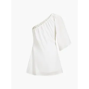 Commense Aegean Cotton Linen Minimalist Resort One Sleeve Short Dress White M thumbnail 6