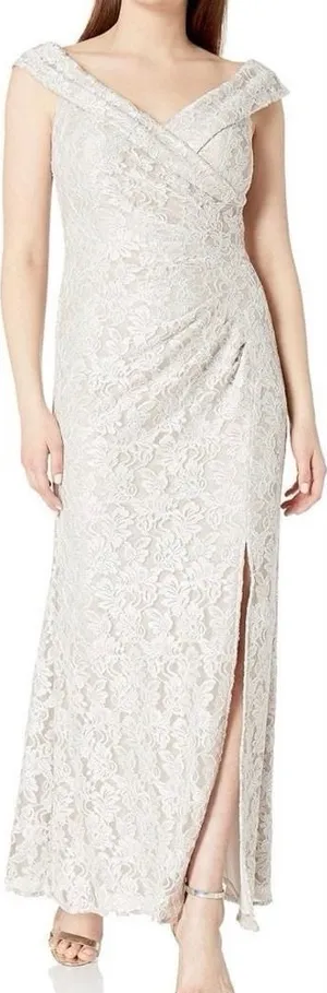 Alex Evenings Ivory Beige Glitter Lace Off Shoulder Formal‎ Maxi Dress Size 10 thumbnail 1