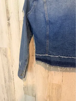 Sneak Peek Women’s Small Distressed Denim Jacket Raw Hem Patchwork Jean Jacket Blue thumbnail 10