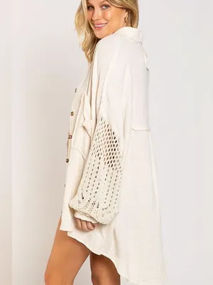 POL Openwork Crochet Lantern Sleeve Cotton Gauze Oversized Button Shirt Jacket thumbnail 2