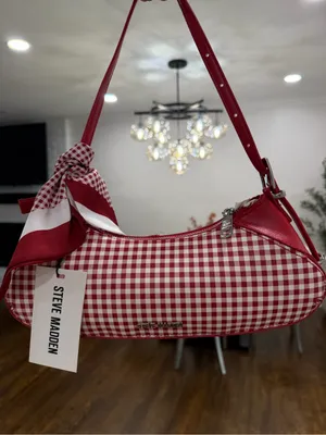 Steve Madden Red and White Gingham Shoulder Bag with Scarf Accent thumbnail 9