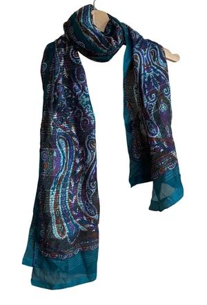 Vintage teal‎ purple paisley lightweight summer scarf movie flowy accessory thumbnail 1