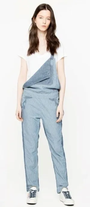 Zadig & Voltaire Sidney Patch Denim Overalls Size Small Blue Chambray Stripe thumbnail 1