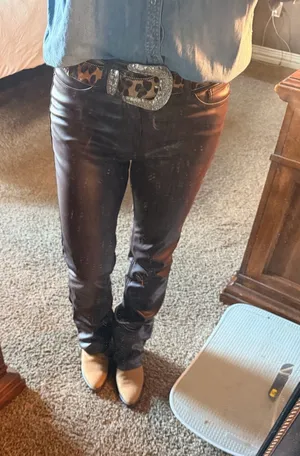 Rock & Roll Denim High Rise Bootcut Faux Leather Pants Deep Chocolate Brown W25 L32 thumbnail 1