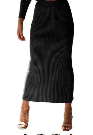 NEW Black Sweater ribbed Knit MIDI Skirt M thumbnail 1