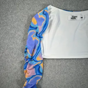 Tiger Mist Graffiti Bolero Ruched Long Sleeve Sz Medium Blue Orange Purple Mesh thumbnail 4