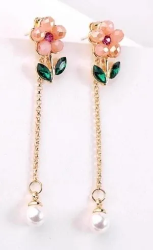 Crystal Flower Chain Tassel Pearl Drop Stud Earring Gold thumbnail 1