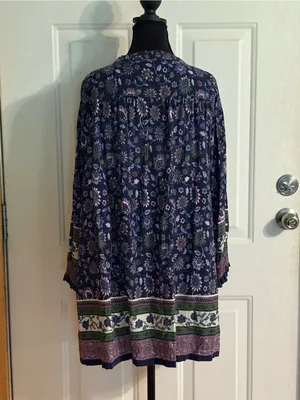NATURAL LIFE Navy Floral Boho Tie-Neck Long Sleeve Tunic Dress size Small thumbnail 4