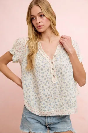 BiBi Floral Crinkle Neckdrop Short Sleeve‎ Blouse Top - Large thumbnail 1