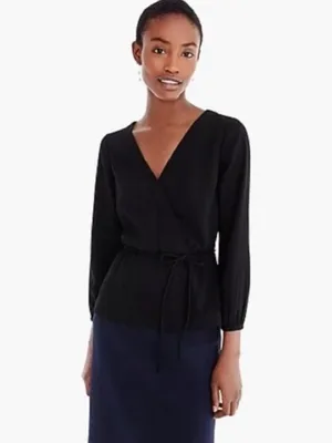 J.Crew Drapey Crepe Faux Wrap Top Blouse Black Size 8 Tailored Elegant Office thumbnail 2