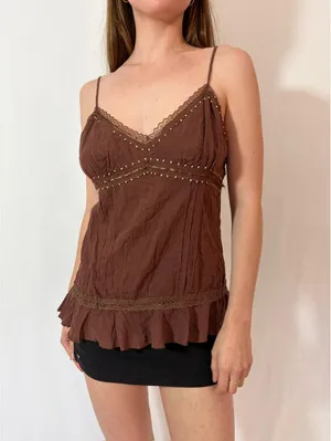 Xhilaration Brown Boho Beaded Babydoll Y2K Cami thumbnail 2