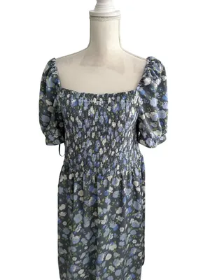 ANN TAYLOR LOFT Blue Floral Smocked Sundress Size Large thumbnail 4