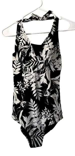 Old Navy one pice swimsuit black and white floral padded summer swimming beach thumbnail 1