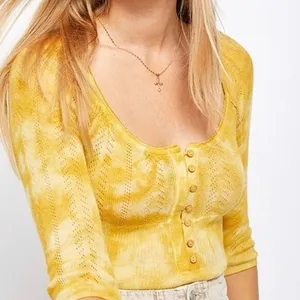 Y2K Free People XS Button Hanley Top‎ 3/4 Sleeve Gold Yellow Pointelle Coquette thumbnail 6
