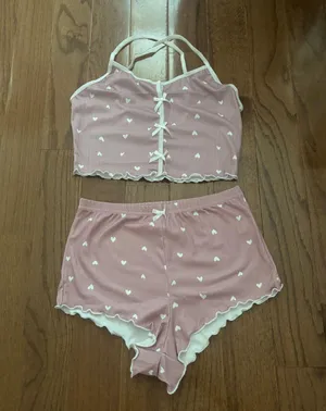 Amazon coquette pink heart print white trim bow detail pajama set thumbnail 2