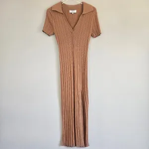 L'Academie Robe Pull‎ Geneva Dress in Camel Size Large Ribbed Midi with Slit NEW thumbnail 3