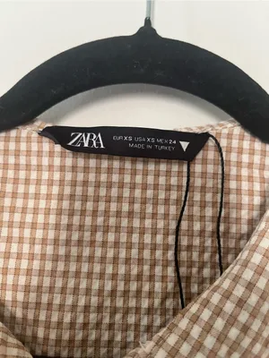Zara Tan White Gingham Collared Puff Sleeve Top XS Cottagecore Western Farm thumbnail 2