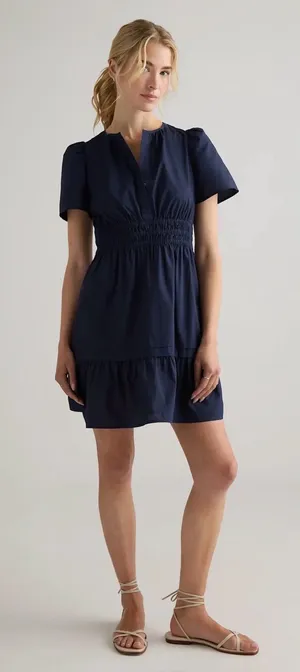 Quince $140 100% Organic Cotton Poplin Tiered Mini Dress Navy Blue - Size XL thumbnail 1