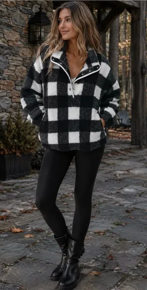LOFT Black & White Buffalo Check Teddy Pullover Jacket thumbnail 1