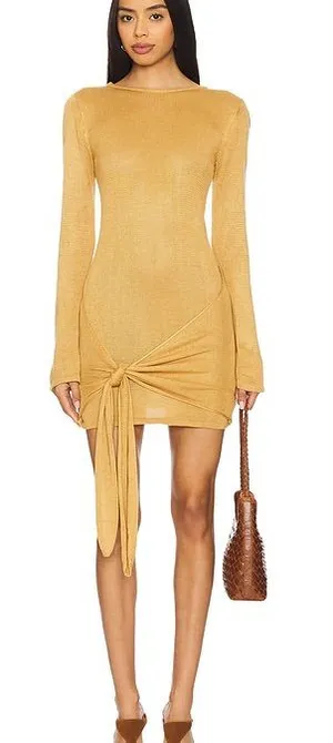 NWT Flook Long-Sleeve Knot Front Mini Dress in Mustard thumbnail 1