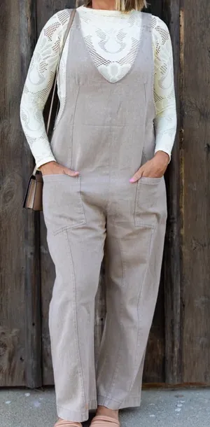 Zenana Outfitters NWOT Beige Linen-Blend Pinafore Jumpsuit thumbnail 1