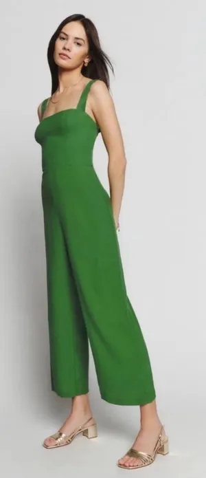 Reformation Alva Jumpsuit Womens 2 Kelly Green‎ Smocked Wide Leg Sleeveless Crop thumbnail 1