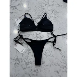 NWT Quince Black Italian V Neck Bikini Top & Adjustable Side-Tie Bikini Bottom S thumbnail 2