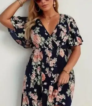 New Floral V-Neck Midi Dress Size 1X (14) Faux Wrap Neckline Flutter Sleeves thumbnail 1