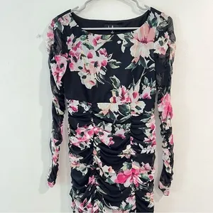 Lulus Ayana Black Pink Floral Ruched Mesh‎ Bodycon Dress SMALL thumbnail 6