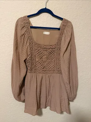 Altar'd State Mauve-Taupe Crochet Square-Neck Peasant Top thumbnail 1