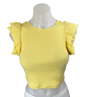 Zara Women's Yellow Rib Knit Short Ruffle Flutter Sleeve Crop Top Blouse Size S thumbnail 1
