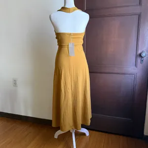 ZARA | Mustard Yellow Stretch Crepe Knit Halter Tie Waist Midi Dress Small BNWT thumbnail 3