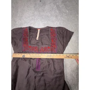 Free People Embroidered Linen Peasant Blouse Square Neck Tie Back Brown Boho A thumbnail 7
