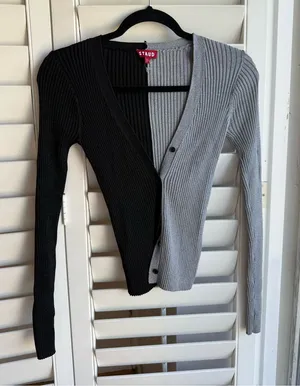 STAUD Two-Tone Ribbed V-Neck Cardigan - Black & Gray thumbnail 1