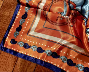 Vintage Equestrian HORSE&CARRIAGE print orange/blue oversized silky Scarf 35/35 thumbnail 10