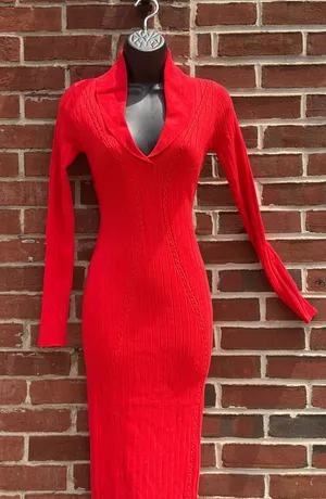 Red Ribbed Sweater Knit Bodycon Midi Dress Shawl Collar Long Sleeve Stretch thumbnail 1