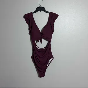 Charmo Women Maternity‎ Burgundy Ribbed Swimsuit One Piece size L thumbnail 2