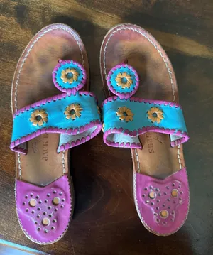 Jack Rogers Women's Leather Sandals with Turquoise and Pink Floral Detail thumbnail 1