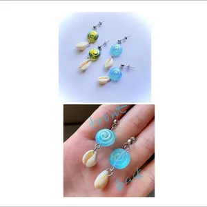 quality Czech glass beads snail shell & natural cowrie seashell dangle earrings 🌀💕 thumbnail 5