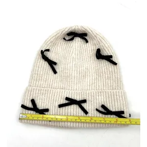 Anthropologie Rib Knit Ivory Beanie Hat New Bow Embellishments thumbnail 4
