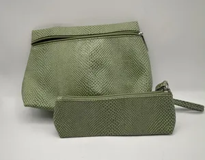 Green Snakeskin Embossed Cosmetic Bag Set Faux Leather Makeup Pouches 2 Piece thumbnail 1