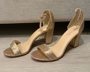 Michael by Michael Shannon Gold Glitter Block Heel Sandals | Size 11 thumbnail 1