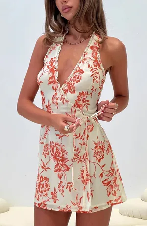 Princess Polly Taija red floral wrap halter mini dress thumbnail 1