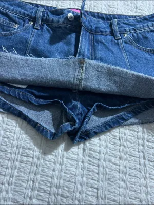 Edikted Dark Blue Denim Cutoff Skorts with Pink Tag thumbnail 5