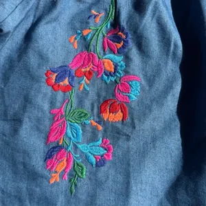 Blue Chambray Floral Embroidered Babydoll Blouse Artsy Boho Folkcore Grandmacore thumbnail 4