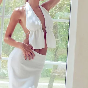 COMMENSE White Knit Halter Top Midi Maxi Skirt Matching Set Coord Small thumbnail 7