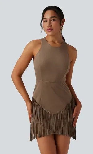 Halara Brown Faux Suede Bodycon Fringe Mini Dress Western Boho XL NWT thumbnail 1