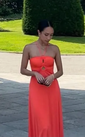 Sincerely Jules Bright Orange Halter Flowy Slinky midi dress thumbnail 1
