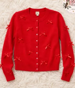 A New Day Y2K Red Bow Embellished Cardigan Sweater Button Front Coquette Cottagecore thumbnail 1